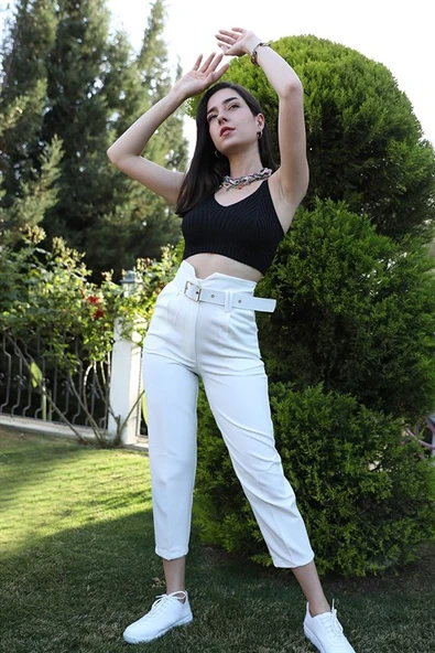 Kemerli Atlas Kumaş Pantolon - Ekru ürün görseli 1