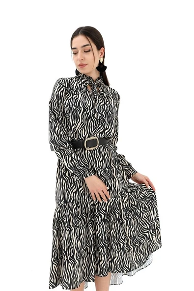 Kolu Büzgülü Zebra Desen Elbise - Siyah ürün görseli 1