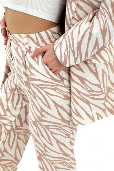 Zebra Desen Yüksek Bel Keten Pantolon - Bej - Resim 5