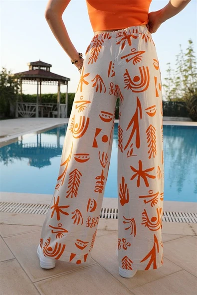 Baskılı Keten Bol Paça Pantolon - Turuncu - Resim 6