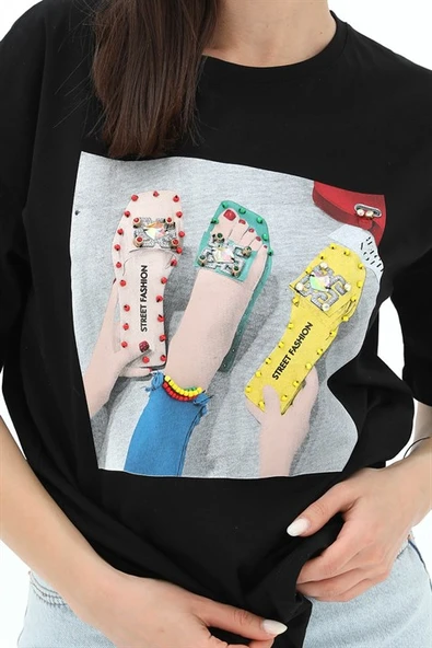 Bisiklet Yaka Terlik Baskılı T-shirt - Siyah - Resim 4