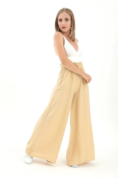 Geniş Kemerli Bol Paça Düz Keten Kadın Pantolon - Krem - Resim 2
