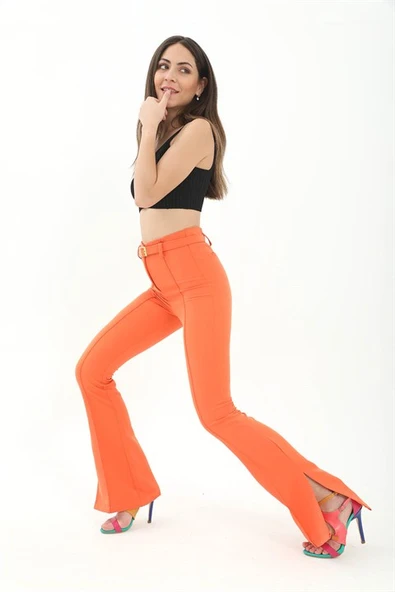 Kemerli Yanı Yırtmaçlı İspanyol Paça Atlas Kumaş Pantolon - Turuncu - Resim 3