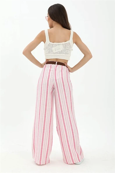 Hasır Kemer Çizgili Pantolon - Fuşya - Resim 5