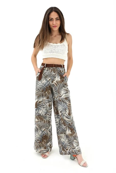 Hasır Kemer Desenli Keten Pantolon - Kahve - Resim 3