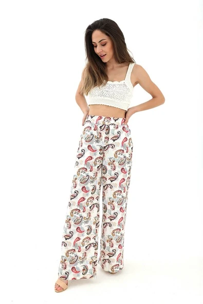 Bol Paça Renkli Baskı Keten Pantolon - Mint Yeşili ürün görseli 1