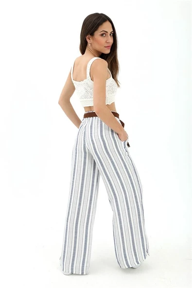 Hasır Kemer Çizgili Pantolon - Lacivert - Resim 5