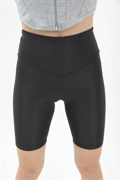 V Kemer Parlak Şort Tayt - Antrasit - Resim 5