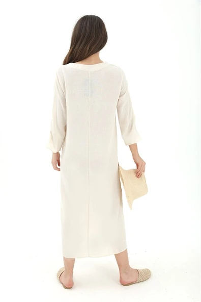 Toka Detaylı Uzun Yanları Yırtmaçlı Keten Elbise - Bej - Resim 5