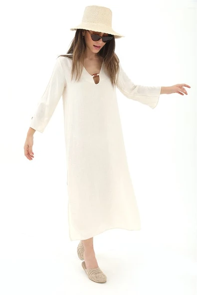 Toka Detaylı Uzun Yanları Yırtmaçlı Keten Elbise - Bej - Resim 4