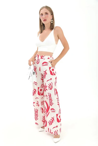 Baskılı Keten Bol Paça Pantolon - Fuşya - Resim 5