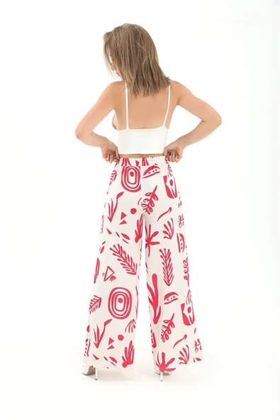 Baskılı Keten Bol Paça Pantolon - Fuşya - Resim 7