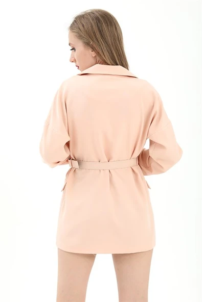 Düşük Omuz Kemerli Atlas Kumaş Blazer Ceket - Somon - Resim 5