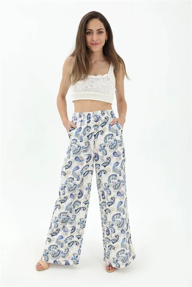 Bol Paça Renkli Baskı Keten Pantolon - Mavi - Resim 3