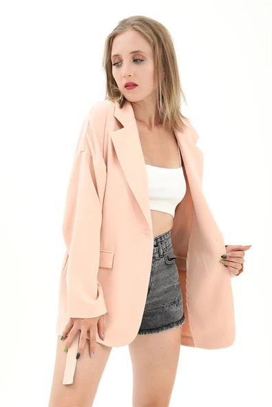 Düşük Omuz Kemerli Atlas Kumaş Blazer Ceket - Somon - Resim 4