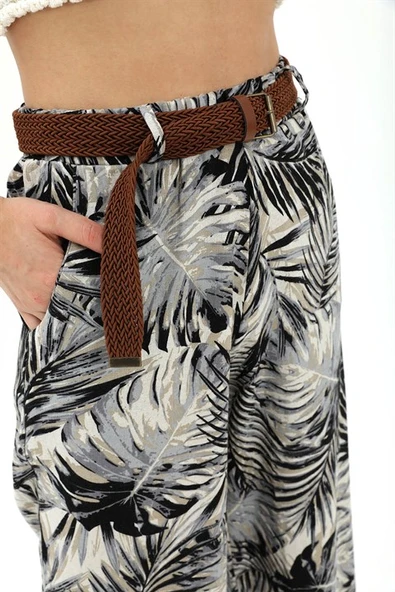 Hasır Kemer Desenli Keten Pantolon - Siyah - Resim 6