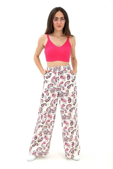 Bol Paça Renkli Baskı Keten Pantolon - Fuşya - Resim 2