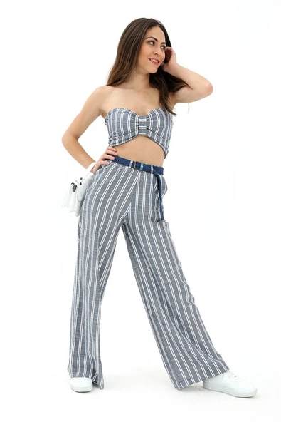 Hasır Kemerli Çizgili Keten Pantolon - İndigo - Resim 3