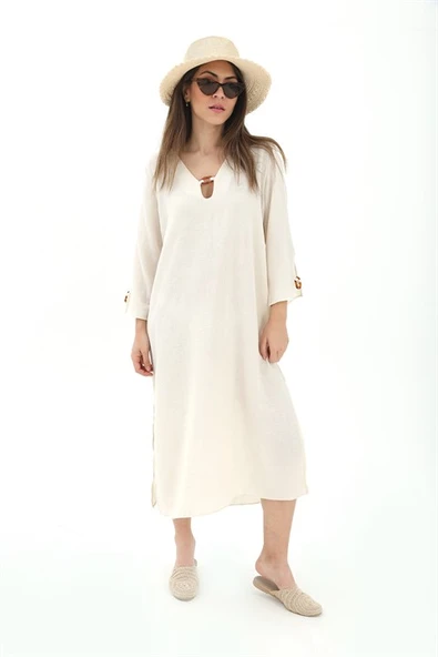 Toka Detaylı Uzun Yanları Yırtmaçlı Keten Elbise - Bej - Resim 2
