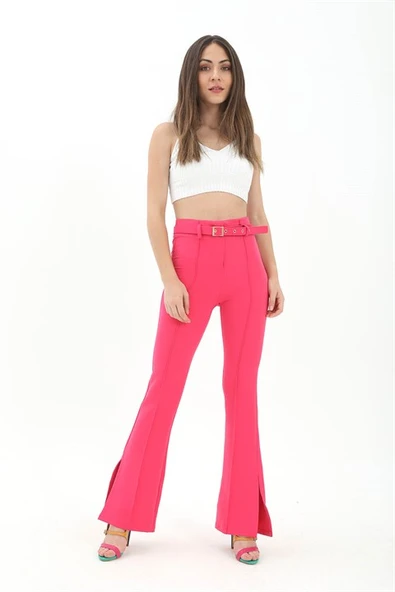 Kemerli Yanı Yırtmaçlı İspanyol Paça Atlas Kumaş Pantolon - Fuşya - Resim 3