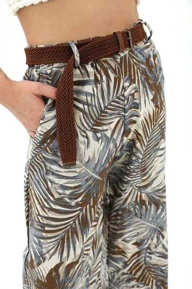 Hasır Kemer Desenli Keten Pantolon - Kahve - Resim 6