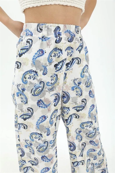 Bol Paça Renkli Baskı Keten Pantolon - Mavi - Resim 6