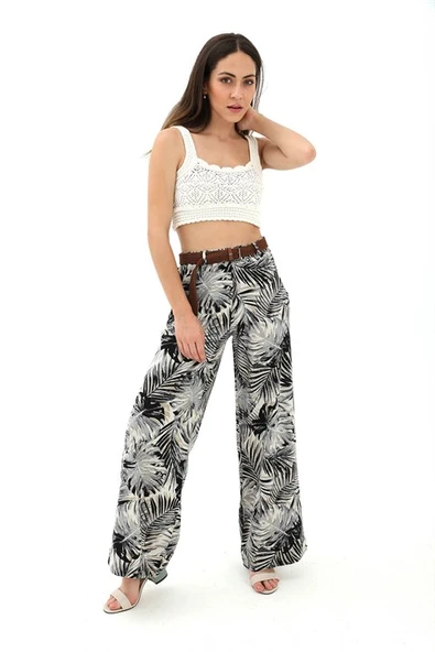 Hasır Kemer Desenli Keten Pantolon - Siyah - Resim 3