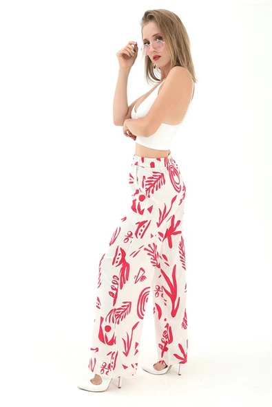 Baskılı Keten Bol Paça Pantolon - Fuşya - Resim 6