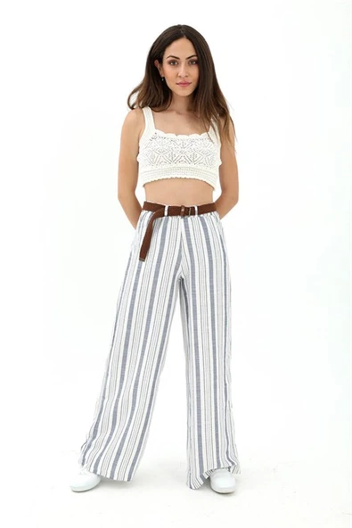 Hasır Kemer Çizgili Pantolon - Lacivert - Resim 3