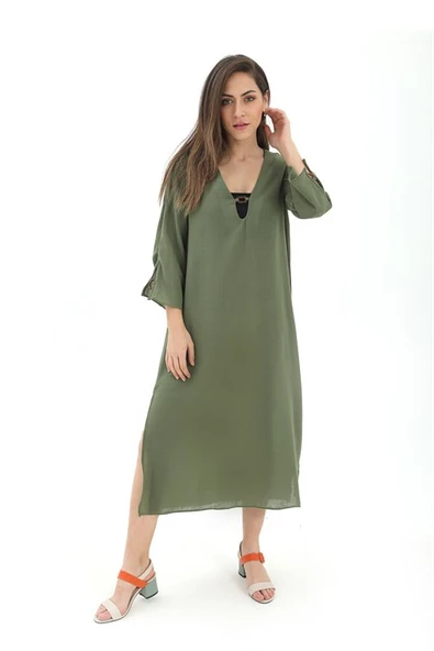 Toka Detaylı Uzun Yanları Yırtmaçlı Keten Elbise - Haki ürün görseli 1