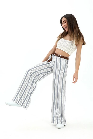 Hasır Kemer Çizgili Pantolon - Lacivert ürün görseli 1