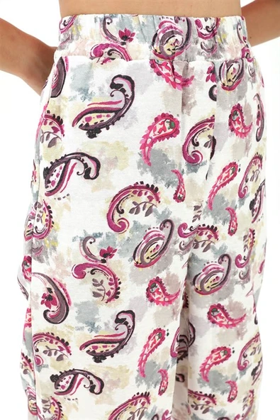 Bol Paça Renkli Baskı Keten Pantolon - Fuşya - Resim 5