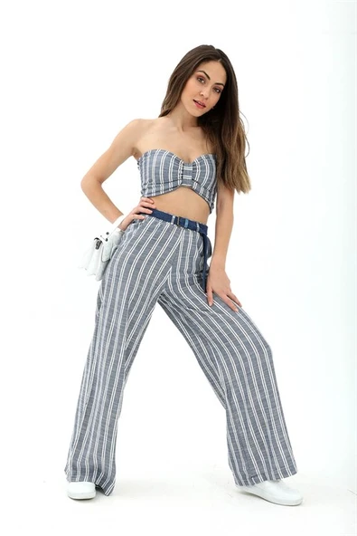 Hasır Kemerli Çizgili Keten Pantolon - İndigo ürün görseli 1