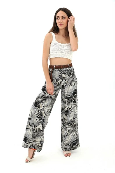 Hasır Kemer Desenli Keten Pantolon - Siyah - Resim 4