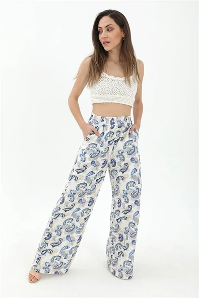 Bol Paça Renkli Baskı Keten Pantolon - Mavi - Resim 2