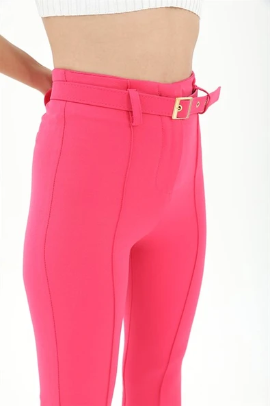 Kemerli Yanı Yırtmaçlı İspanyol Paça Atlas Kumaş Pantolon - Fuşya - Resim 8