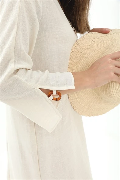 Toka Detaylı Uzun Yanları Yırtmaçlı Keten Elbise - Bej - Resim 6