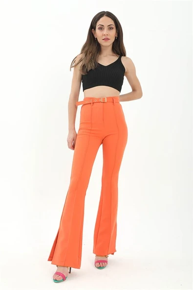 Kemerli Yanı Yırtmaçlı İspanyol Paça Atlas Kumaş Pantolon - Turuncu - Resim 2