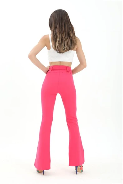 Kemerli Yanı Yırtmaçlı İspanyol Paça Atlas Kumaş Pantolon - Fuşya - Resim 7