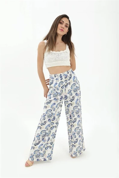 Bol Paça Renkli Baskı Keten Pantolon - Mavi ürün görseli 1