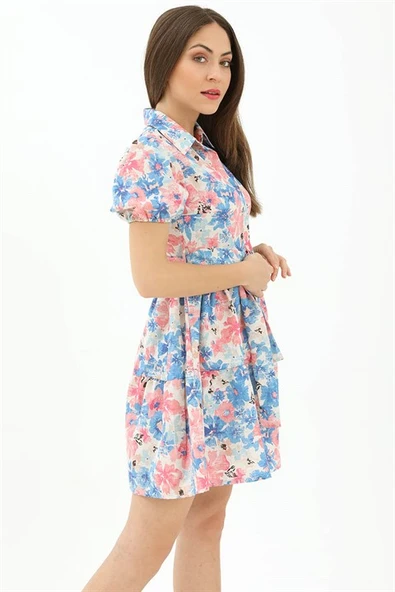 Gömlek Yaka Önü Düğmeli Beli Kuşaklı Çiçek Desen Elbise - Mavi - Resim 5