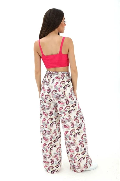 Bol Paça Renkli Baskı Keten Pantolon - Fuşya - Resim 4