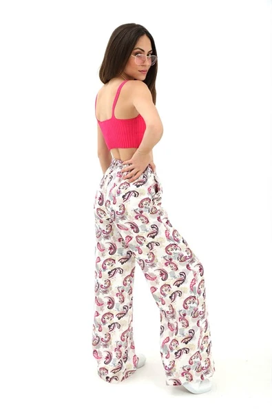 Bol Paça Renkli Baskı Keten Pantolon - Fuşya - Resim 3