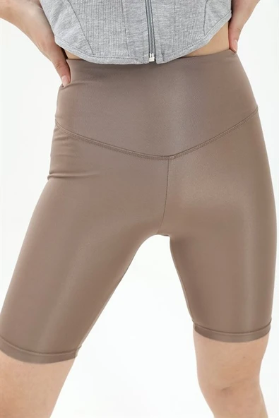 V Kemer Parlak Şort Tayt - Vizon - Resim 5