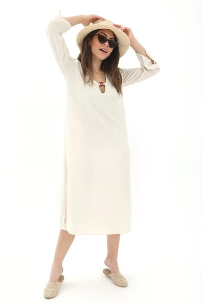 Toka Detaylı Uzun Yanları Yırtmaçlı Keten Elbise - Bej - Resim 3