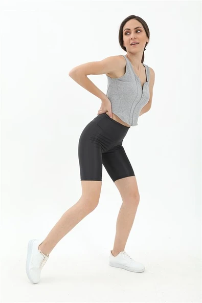 V Kemer Parlak Şort Tayt - Antrasit - Resim 2