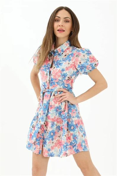 Gömlek Yaka Önü Düğmeli Beli Kuşaklı Çiçek Desen Elbise - Mavi - Resim 3