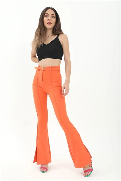 Kemerli Yanı Yırtmaçlı İspanyol Paça Atlas Kumaş Pantolon - Turuncu - Resim 5
