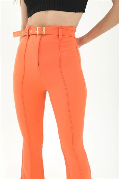 Kemerli Yanı Yırtmaçlı İspanyol Paça Atlas Kumaş Pantolon - Turuncu - Resim 7