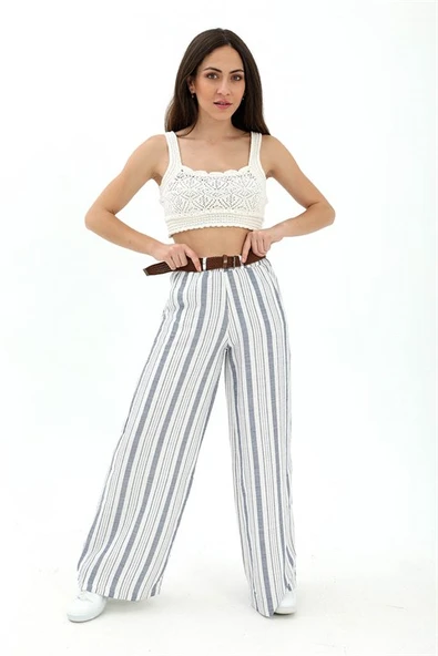 Hasır Kemer Çizgili Pantolon - Lacivert - Resim 4